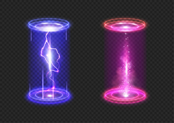 Aufkleber - Futuristic teleportation tunnel for game, level up or magical traveling process. Vector isolated set of portals with shining and glowing, lightning and neon glow. Vertical path, fantasy trip
