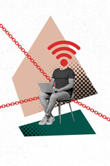 Poster - Vertical collage young headless man sitting laptop browsing remote job freelancer wifi signal connection network drawing background
