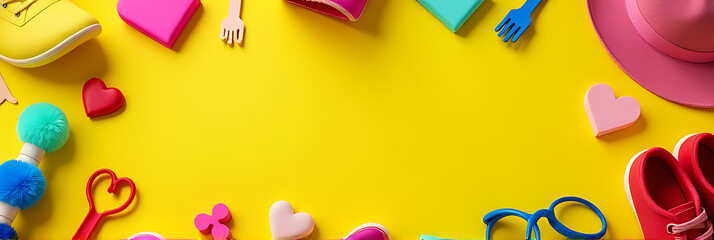 Aufkleber - A colorful flat lay of symbolic accessories celebrates Pride and inclusivity with a yellow backdrop and empty space for personalized text._00001_