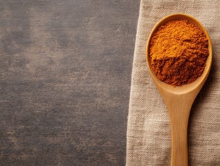 Poster - Wooden spoon filled with bright red paprika powder rests on a neutral linen cloth, creating a pleasing composition with space for creative text arrangement