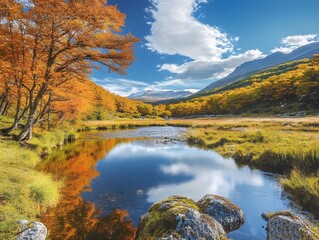 Poster - Serene Autumn Landscape with Colorful Trees Reflecting in Calm Water Under Clear Blue Sky and Fluffy Clouds in Majestic Natural Setting