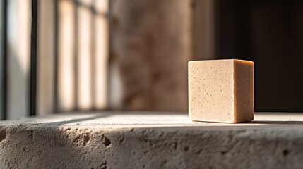 Aufkleber - A single handcrafted soap bar rests on a textured rustic windowsill, bathed in soft natural light, casting gentle shadows and creating a serene atmosphere