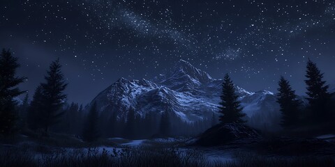 Poster - imagine night time mountains with pine trees around them, aurora borealis in the sky, realistic, HDR, hyper realistic.