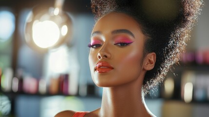 Wall Mural - a woman with vibrant makeup, confidently posing for a photo in a chic beauty studio with modern dã©c