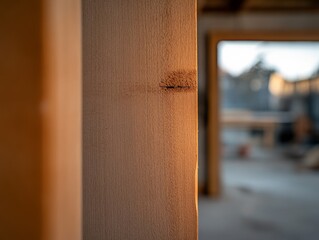 Poster - A single vertical wooden slat showcases its smooth natural grain, surrounded by a softly blurred background, perfect for various interior design concepts