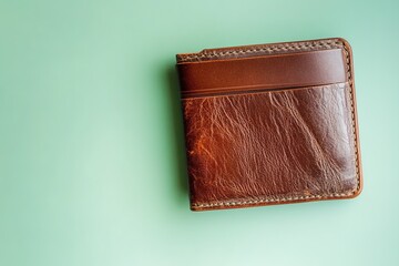 Brown leather wallet on mint green background, top view