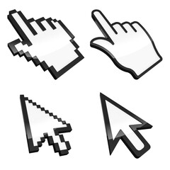 3D illustration of four types of mouse pointers isolated on transparent background