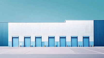 Poster - A sleek and modern warehouse exterior in blue and white, featuring rows of loading bays and clean, functional design