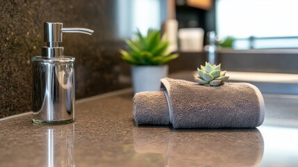 Poster - Soft, warm light highlights a bathroom counter featuring a glass soap dispenser, a rolled towel, and a small succulent plant, creating a serene atmosphere