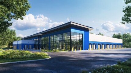 Poster - Exterior of a sleek, modern warehouse in blue and white, featuring multiple roll-up loading bays and a large paved lot