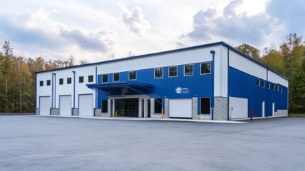Poster - Exterior of a sleek, modern warehouse in blue and white, featuring multiple roll-up loading bays and a large paved lot