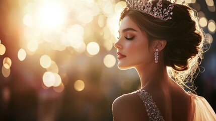 Wall Mural - a contestant in a beauty pageant, wearing an elegant evening gown and sparkling crown, ready to take
