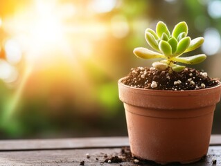Poster - A small succulent sits in a terracotta pot on a wooden table, warmly lit by sunlight streaming through a window, creating a peaceful ambiance in the room