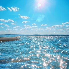 Wall Mural - Serene Summer Day on Calm Lake with Small Boat at Anchor