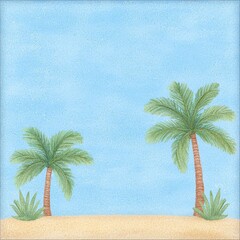 Wall Mural - Serene Tropical Beach Scene with Two Palm Trees and Lush Greenery