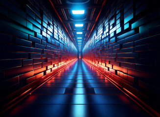 Aufkleber - A futuristic, reflective corridor glows with vibrant blue and orange neon lights.  The metallic brick walls and floor create a symmetrical, almost infinite perspective.