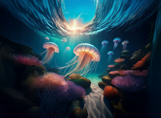 Aufkleber - Sunlit underwater scene with bioluminescent jellyfish gracefully floating above vibrant coral reef and sandy seabed.  A tranquil, ethereal underwater world.