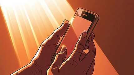 Poster - Hands Hold Smartphone Under Warm Light Rays