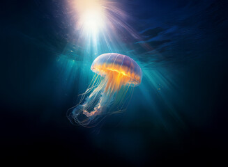 Aufkleber - A luminous jellyfish floats in dark ocean water, backlit by a radiant sunbeam creating a dramatic underwater scene.