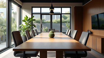 Poster - A sleek modern conference room featuring a long wooden table with black chairs, large windows providing natural light, and a minimalist design, ideal for corporate meetings and presentations.