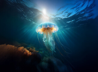 Aufkleber - A majestic jellyfish, illuminated by sunlight penetrating the ocean surface, floats gracefully above a dark seabed.  Its translucent bell and flowing tentacles are strikingly beautiful.