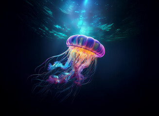 Aufkleber - A bioluminescent jellyfish gracefully floats in the deep ocean, illuminated by an ethereal light from above.  Its vibrant colors contrast beautifully against the dark water.