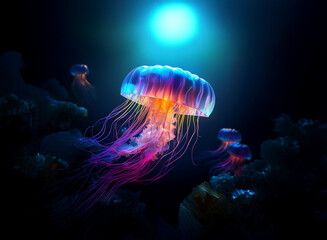 Aufkleber - Luminous jellyfish gracefully drift in a dark, underwater world, illuminated by an ethereal glow.  Their vibrant tentacles and bell shapes create a mesmerizing spectacle.