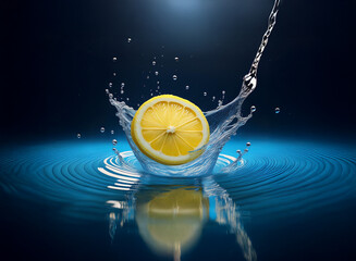 Poster - A lemon slice creates a vibrant splash as it enters calm, blue water.  The scene is dramatically lit, highlighting the citrus fruit and water droplets.