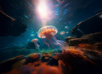 Aufkleber - Mesmerizing underwater scene: radiant jellyfish illuminate a vibrant coral reef, sunbeams filtering from above.  A breathtaking, ethereal underwater world.