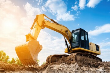 Excavator machine on a construction site with a bright blue sky, symbolizing industrial development and heavy machinery.