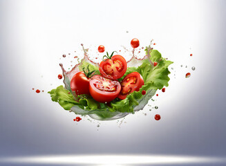 Poster - Juicy red tomatoes and fresh green lettuce create a vibrant splash, suspended mid-air against a soft, bright background.  A burst of freshness and healthy eating.