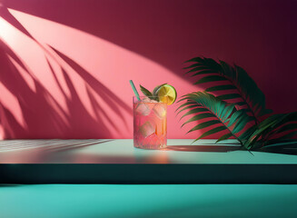 Poster - A refreshing pink cocktail in a rocks glass, garnished with lime, sits on a teal surface bathed in sunlight against a vibrant pink backdrop. Palm leaves add a tropical touch.