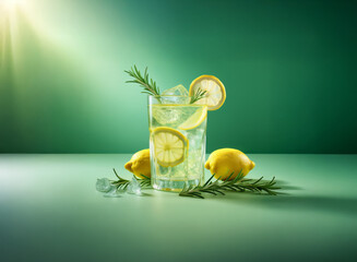 Poster - Refreshing lemonade with rosemary garnish, ice cubes, and lemon slices in a glass.  Sunlit scene on a teal background.
