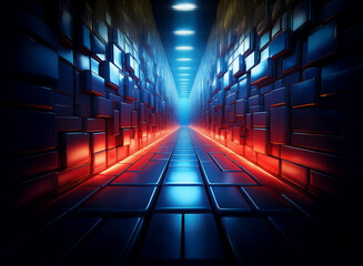 Poster - A futuristic corridor with glowing red and blue neon lights illuminating a path between reflective, cubic walls.  The scene evokes a sense of mystery and technology.
