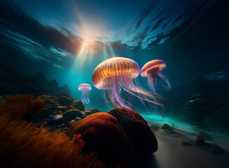 Aufkleber - Three bioluminescent jellyfish gracefully drift in an underwater scene, sunlight filtering through the water above, illuminating their translucent bodies and the surrounding vibrant coral reef.