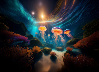 Aufkleber - Underwater scene with bioluminescent jellyfish near vibrant coral reefs and sandy seabed, bathed in ethereal sunlight.