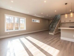 Poster - Expansive basement renovation highlights a bright kitchen corner, sleek glass staircase, and warm light wood floors, creating a welcoming modern atmosphere