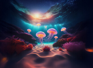 Aufkleber - Enchanted underwater scene: bioluminescent jellyfish illuminate a vibrant coral reef at sunset, against a starry night sky.  A magical, surreal seascape.
