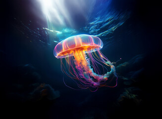 Aufkleber - A bioluminescent jellyfish, vibrant orange and pink, floats in a dark ocean, illuminated by a shaft of sunlight.  Its tentacles gracefully trail behind.
