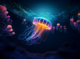 Aufkleber - A bioluminescent jellyfish glows vibrantly in the deep ocean, surrounded by a school of smaller, similar creatures.  The scene is dark, yet illuminated by the jellyfish's ethereal light.