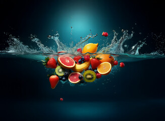 Poster - Vibrant assortment of fresh fruits splashing into clear water, creating dynamic water droplets and ripples against a dark background.  The scene is full of color and energy.
