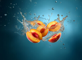 Aufkleber - Juicy peach slices create a vibrant splash in a clear blue water. The fruit's freshness is emphasized by the dynamic water movement.