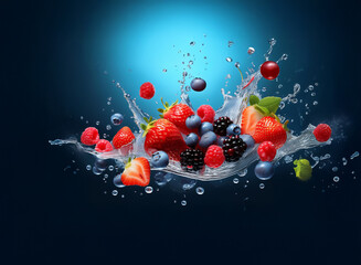 Poster - A vibrant splash of milk showcases a medley of fresh berries: strawberries, raspberries, blueberries, and blackberries.  The scene is dynamic and full of juicy, healthy goodness.