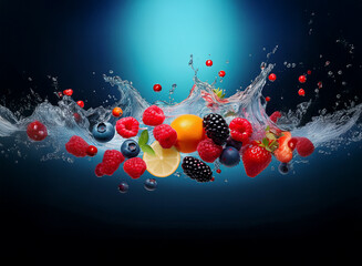 Aufkleber - Vibrant berries and citrus fruit splash into clear water, creating a refreshing and dynamic scene against a deep blue backdrop.  The image evokes feelings of juiciness and vitality.