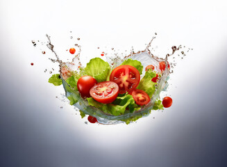 Poster - A vibrant splash of water encapsulates fresh lettuce and juicy tomato slices, creating a dynamic and appetizing image.