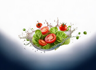 Poster - Fresh salad ingredients in vibrant action;  tomatoes, lettuce, and peas suspended in a water splash against a stark white background.  The dynamic composition evokes freshness and health.