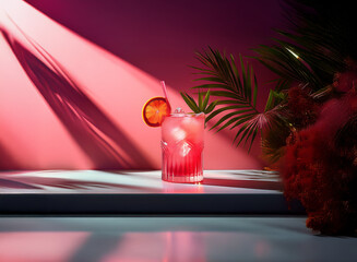 Poster - A refreshing pink cocktail garnished with an orange slice, sits on a white surface.  Sunlight streams through, casting shadows on a vibrant pink background with tropical foliage.