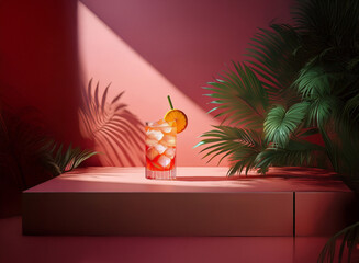 Poster - A refreshing iced cocktail garnished with an orange slice sits on a pink platform, bathed in sunlight and surrounded by lush tropical foliage.  The scene evokes a sense of summer relaxation.