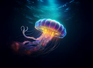 Aufkleber - A bioluminescent jellyfish gracefully floats in the deep ocean, its vibrant colors illuminated by a beam of light. The intricate details of its bell and tentacles are showcased in this mesmerizing und