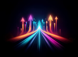 Aufkleber - Vibrant, glowing arrows converge on a radiant path symbolizing progress and upward mobility in a dark setting.  The converging lines represent the coming together of various opportunities or options.